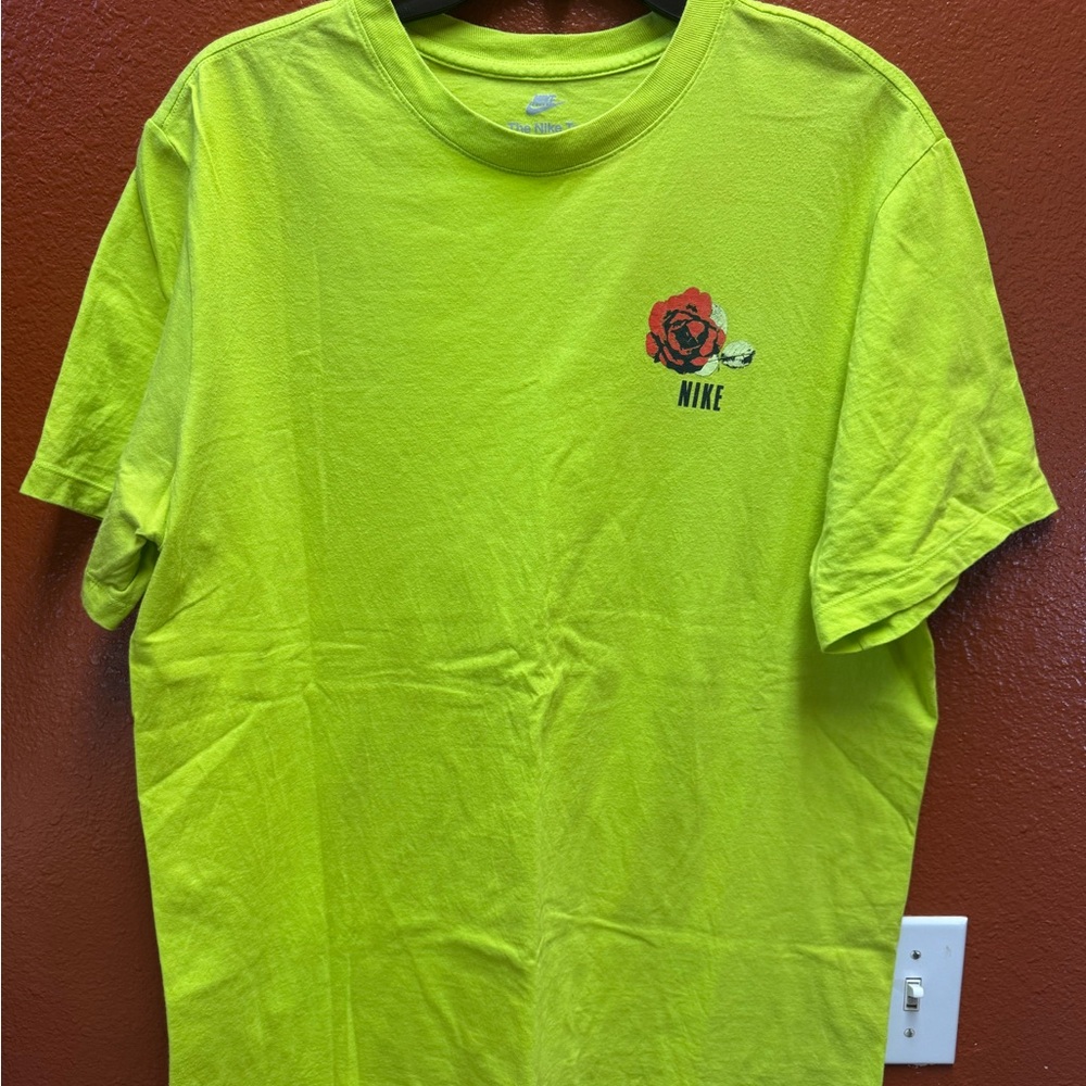 Nike Men's Lime Green Tee with Red Rose Graphic